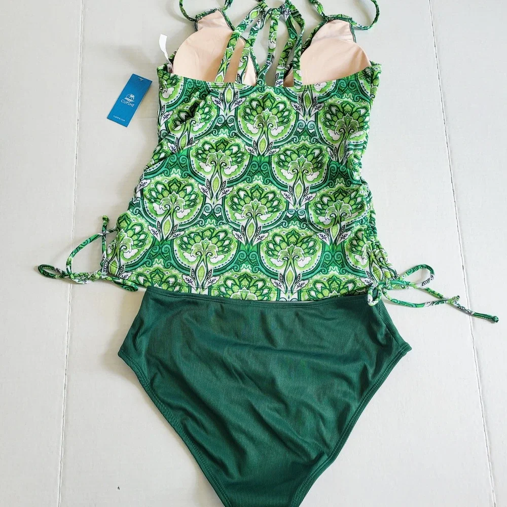 Cupshe Womens Green Paisley Tankini‎ Set High Waisted Ribbed Swimsuit Large NEW